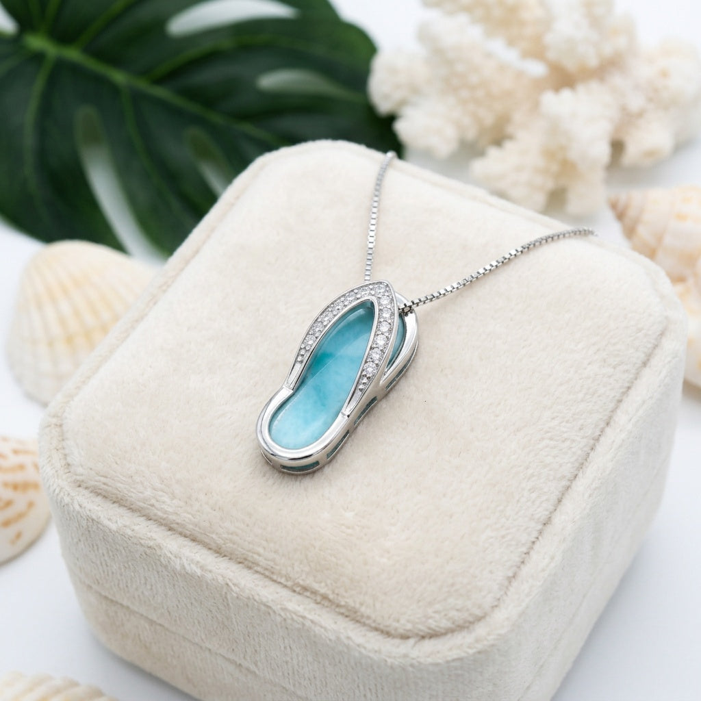 Hawaiian Slipper Flip-Flop Larimar Stone Pendant Necklace - 925 Sterling Silver