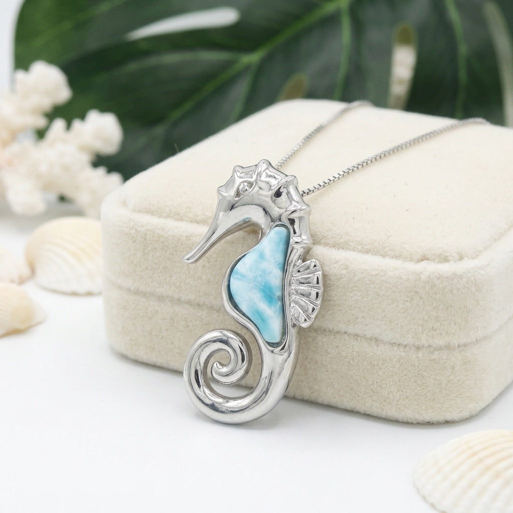 Hawaiian Ocean Seahorse Larimar Stone Pendant Necklace - 925 Sterling Silver