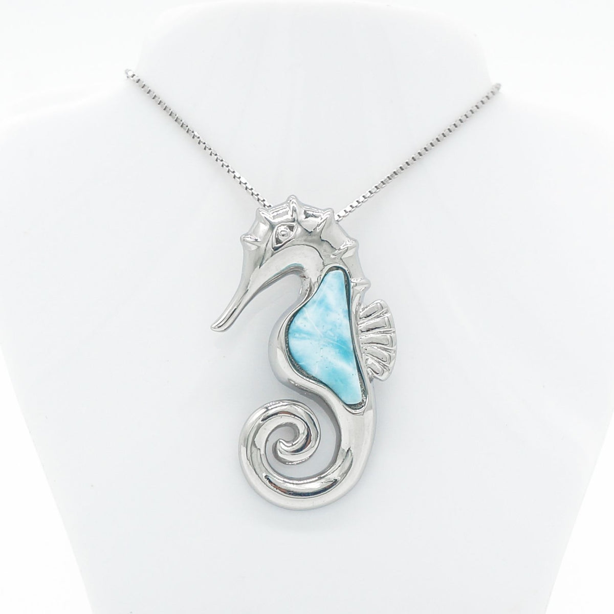 Hawaiian Ocean Seahorse Larimar Stone Pendant Necklace - 925 Sterling Silver