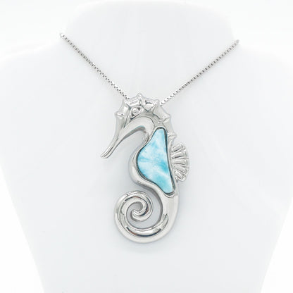 Hawaiian Ocean Seahorse Larimar Stone Pendant Necklace - 925 Sterling Silver