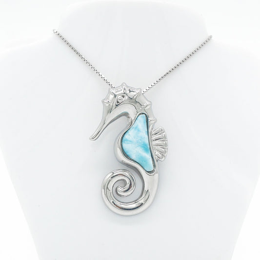 Hawaiian Ocean Seahorse Larimar Stone Pendant Necklace - 925 Sterling Silver