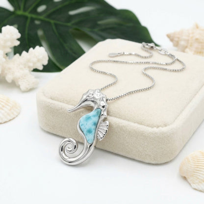 Hawaiian Ocean Seahorse Larimar Stone Pendant Necklace - 925 Sterling Silver