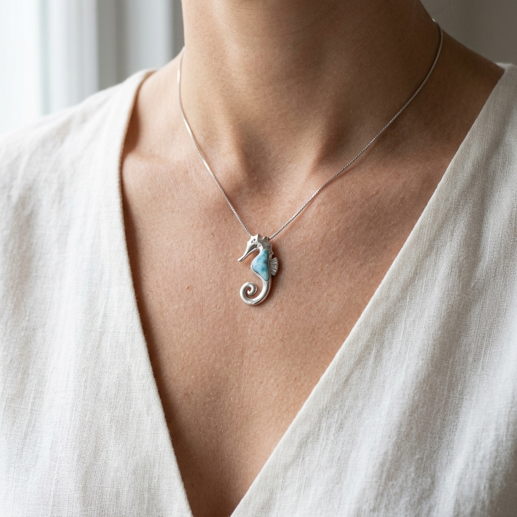 Hawaiian Ocean Seahorse Larimar Stone Pendant Necklace - 925 Sterling Silver
