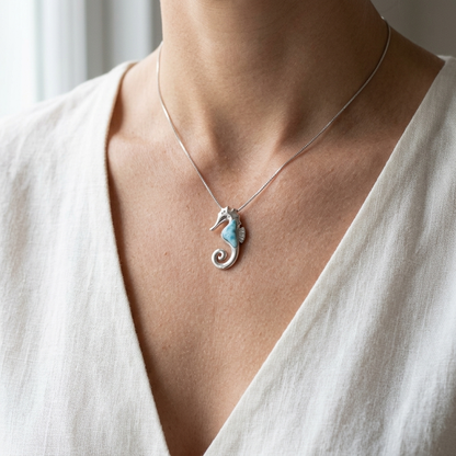 Hawaiian Ocean Seahorse Larimar Stone Pendant Necklace - 925 Sterling Silver