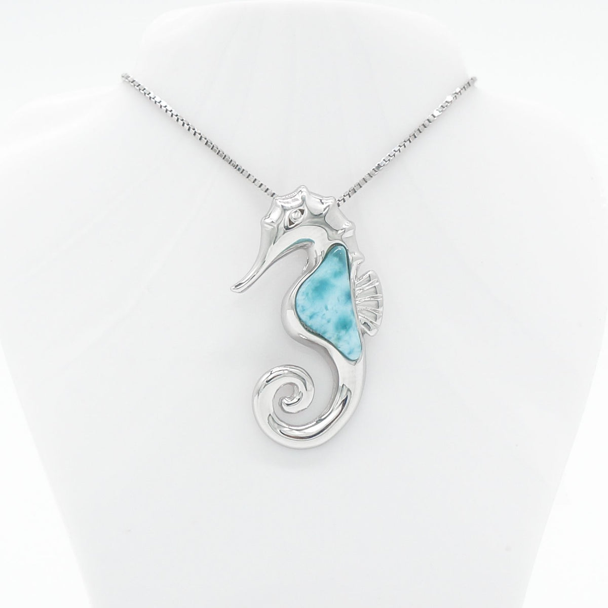 Hawaiian Ocean Seahorse Larimar Stone Pendant Necklace - 925 Sterling Silver