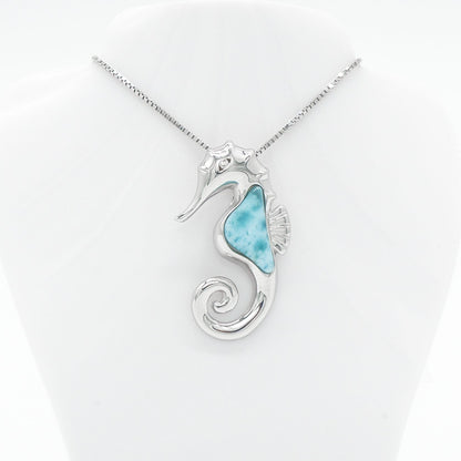 Hawaiian Ocean Seahorse Larimar Stone Pendant Necklace - 925 Sterling Silver