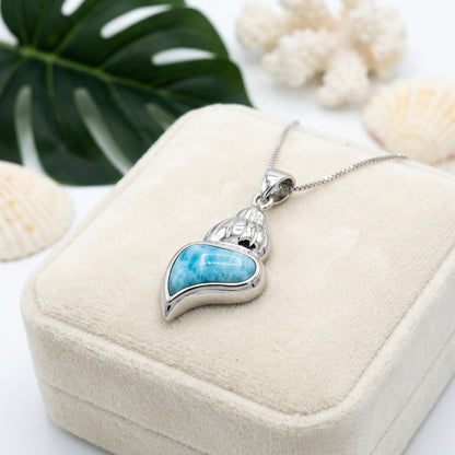 Hawaiian Ocean Seashell Larimar Stone Pendant Necklace - 925 Sterling Silver
