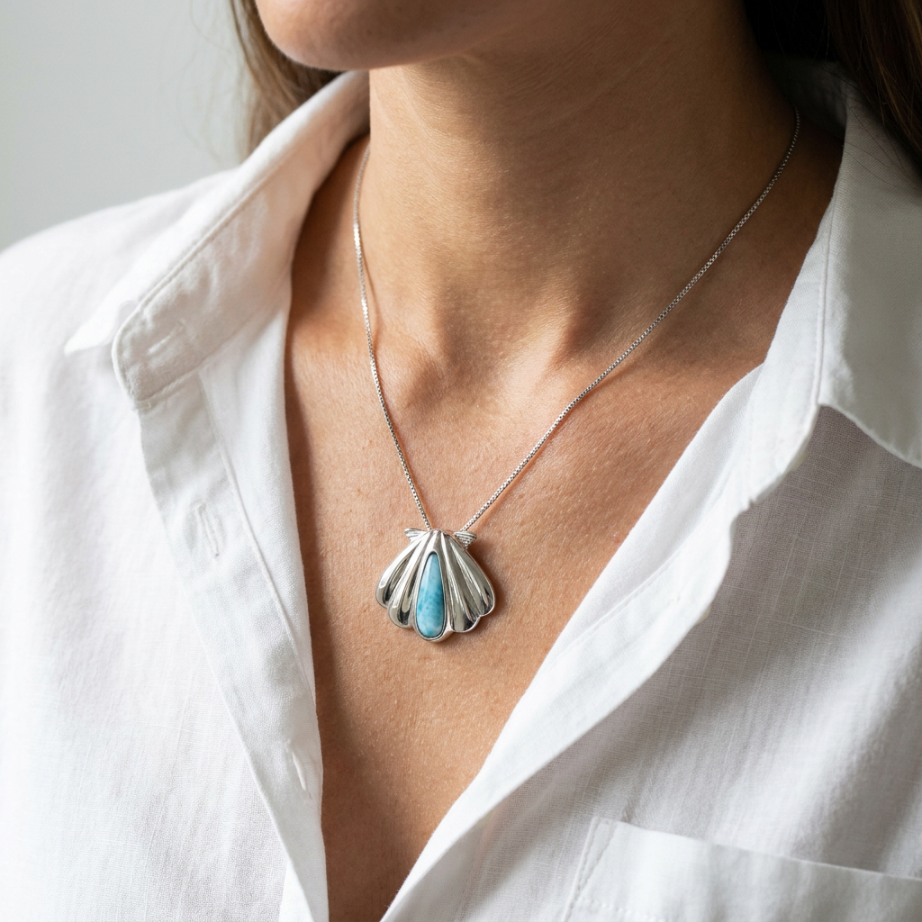 925 Sterling Silver Genuine Larimar Stone Scallop Seashell Pendant Necklace