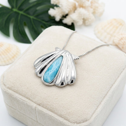 Hawaiian Ocean Scallop Shell Larimar Stone Pendant Necklace - 925 Sterling Silver