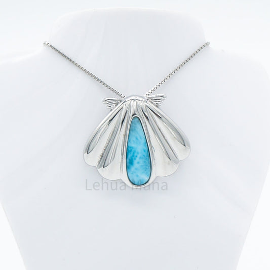 925 Silver Larimar Scallop Seashell Necklace, Larimar Necklace, 925 Sterling Silver Jewelry, Scallop Seashell Necklace