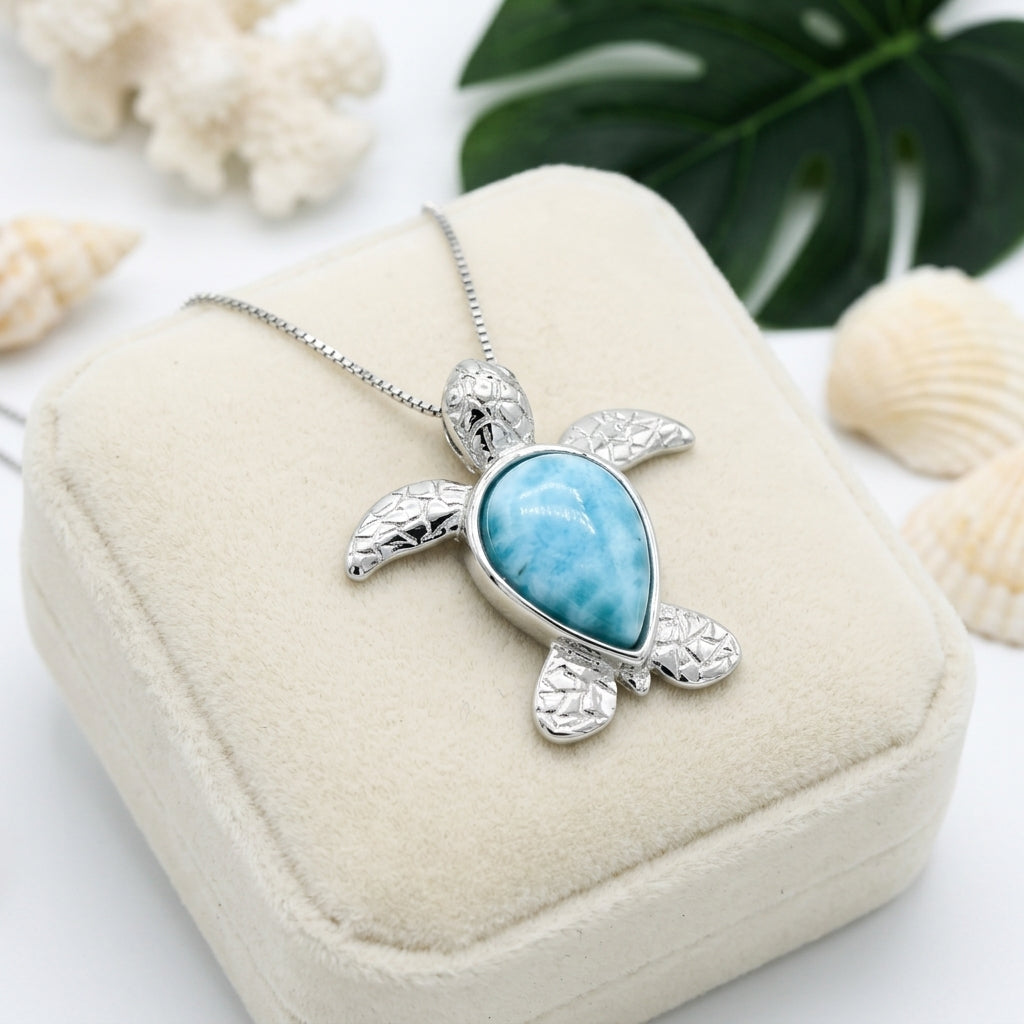 Hawaiian Ocean Honu Turtle Larimar Stone Pendant Necklace - 925 Sterling Silver
