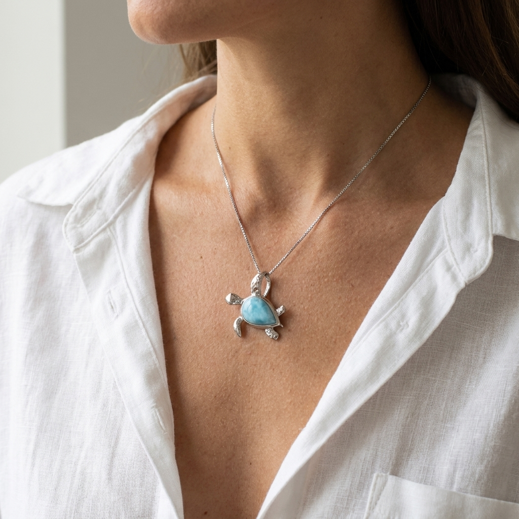 925 Sterling Silver Genuine Larimar Stone Hawaiian Sea Turtle Pendant Necklace
