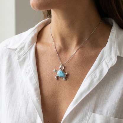 925 Sterling Silver Genuine Larimar Stone Hawaiian Sea Turtle Pendant Necklace