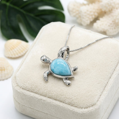 Hawaiian Ocean Sea Turtle Larimar Stone Pendant Necklace - 925 Sterling Silver