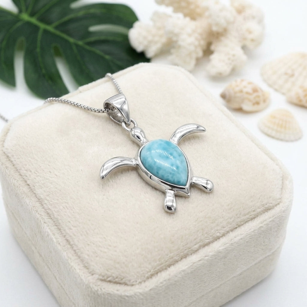 Hawaiian Sea Turtle Honu Larimar Stone Pendant Necklace - 925 Sterling Silver