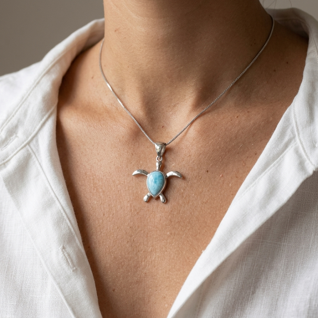 Hawaiian Sea Turtle Honu Larimar Stone Pendant Necklace - 925 Sterling Silver
