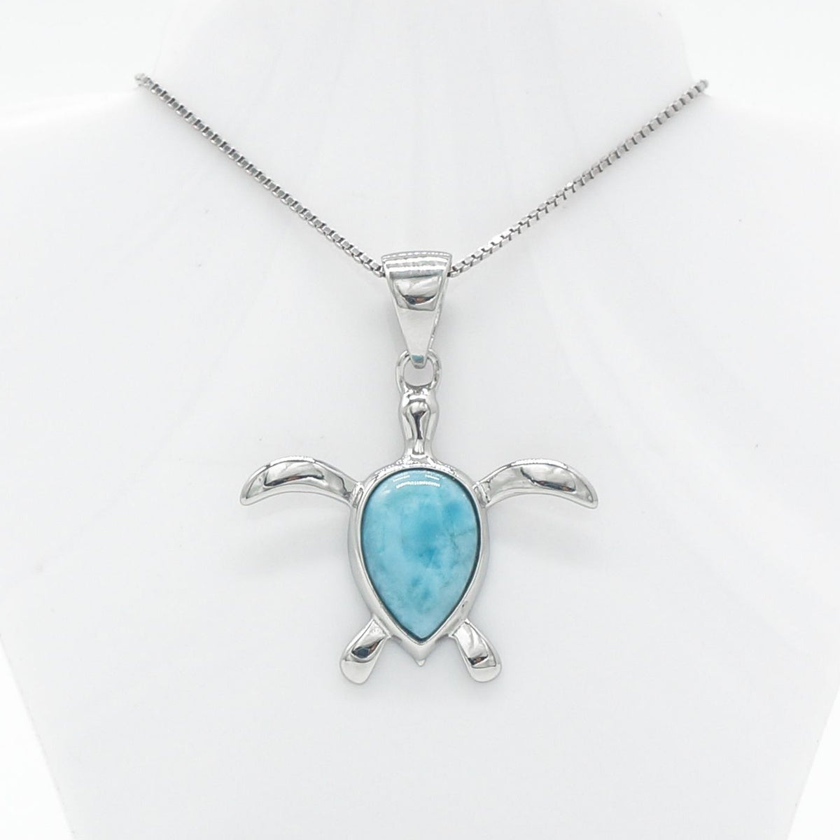 Hawaiian Sea Turtle Honu Larimar Stone Pendant Necklace - 925 Sterling Silver