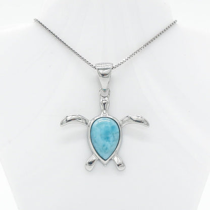 Hawaiian Sea Turtle Honu Larimar Stone Pendant Necklace - 925 Sterling Silver