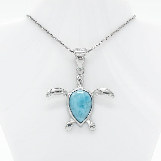 Hawaiian Sea Turtle Honu Larimar Stone Pendant Necklace - 925 Sterling Silver
