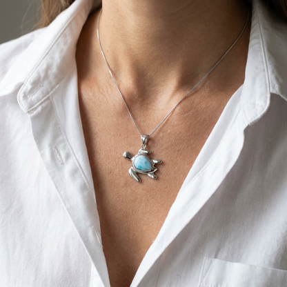 925 Sterling Silver Genuine Larimar Stone Hawaiian Sea Turtle Pendant Necklace