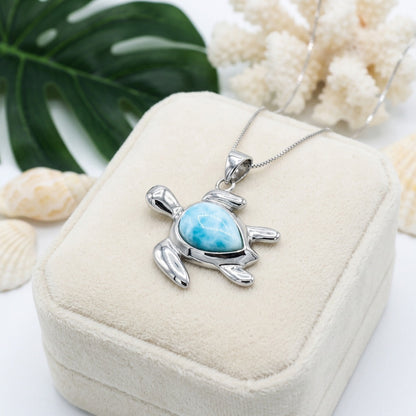 Hawaiian Sea Turtle Larimar Stone Pendant Necklace - 925 Sterling Silver