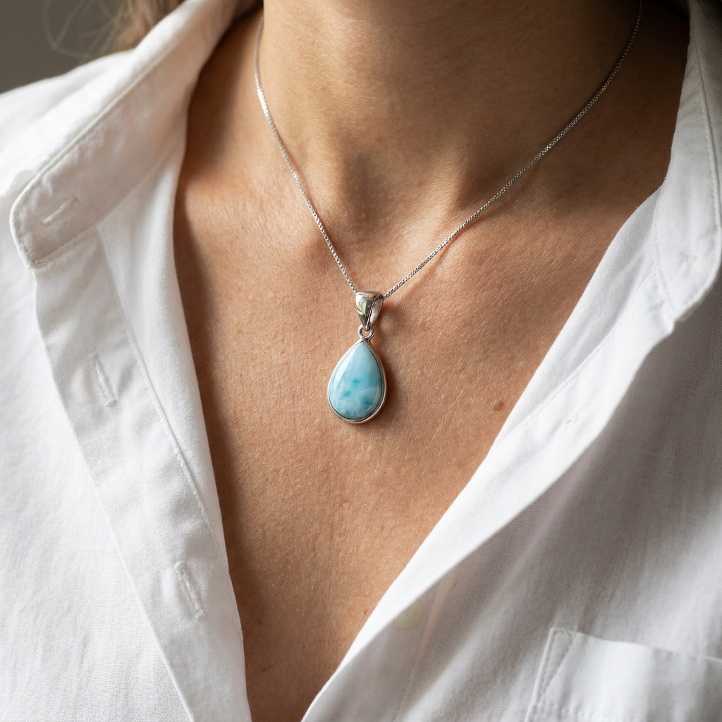 925 Sterling Silver Genuine Larimar Stone Raindrop Pendant Necklace