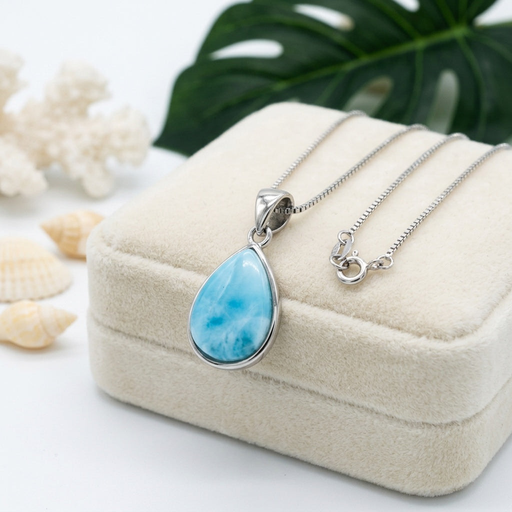 Hawaiian Ocean Teardrop Larimar Stone Pendant Necklace - 925 Sterling Silver