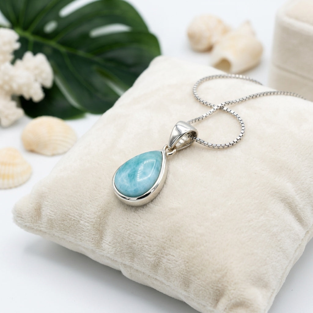 Hawaiian Ocean Teardrop Larimar Stone Pendant Necklace - 925 Sterling Silver