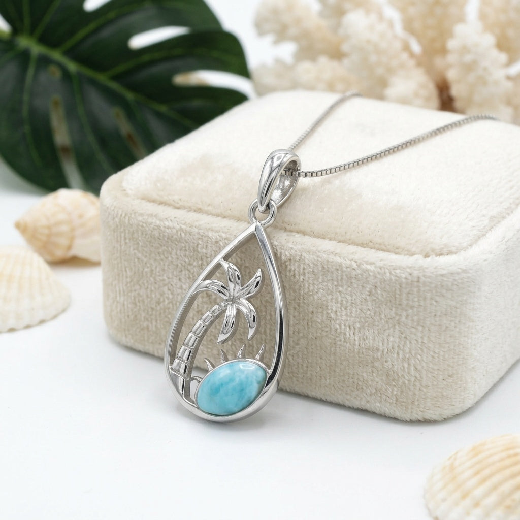 Hawaiian Palm Tree Teardrop Larimar Stone Pendant Necklace - 925 Sterling Silver