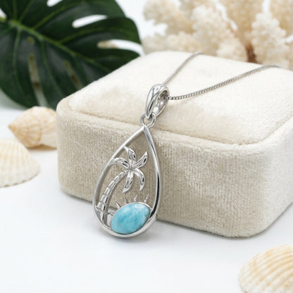 Hawaiian Palm Tree Teardrop Larimar Stone Pendant Necklace - 925 Sterling Silver