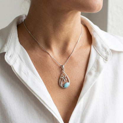 Hawaiian Palm Tree Teardrop Larimar Stone Pendant Necklace - 925 Sterling Silver