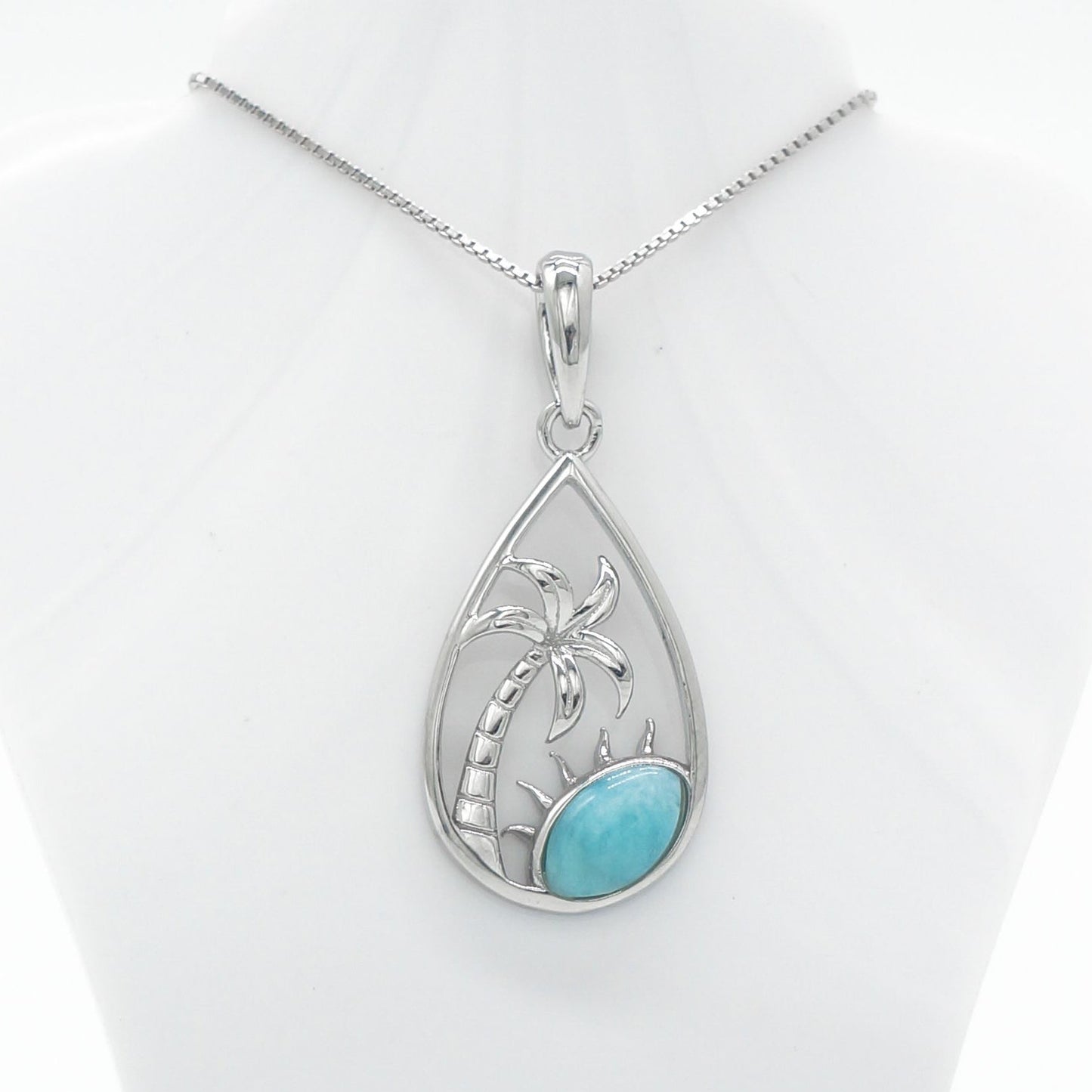 Hawaiian Palm Tree Teardrop Larimar Stone Pendant Necklace - 925 Sterling Silver