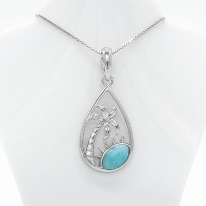 Hawaiian Palm Tree Teardrop Larimar Stone Pendant Necklace - 925 Sterling Silver