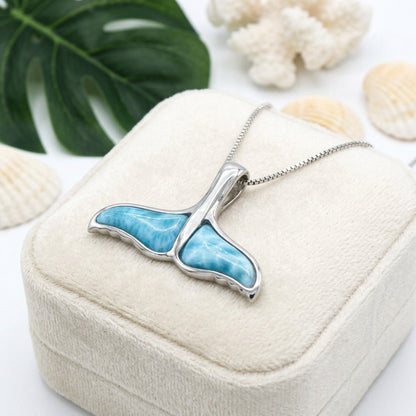 Hawaiian Whale Tail Larimar Stone Pendant Necklace - 925 Sterling Silver
