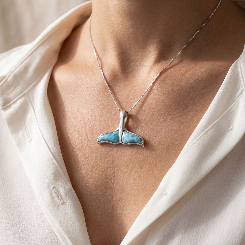 Hawaiian Whale Tail Larimar Stone Pendant Necklace - 925 Sterling Silver