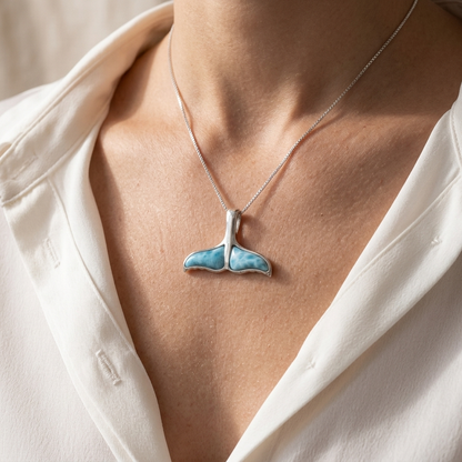 Hawaiian Whale Tail Larimar Stone Pendant Necklace - 925 Sterling Silver