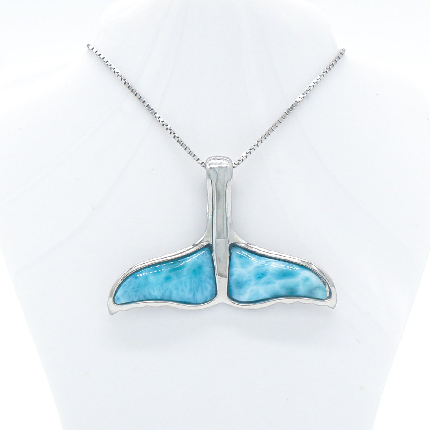 Hawaiian Whale Tail Larimar Stone Pendant Necklace - 925 Sterling Silver