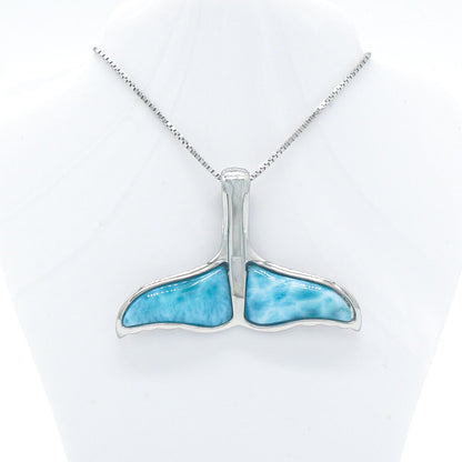Hawaiian Whale Tail Larimar Stone Pendant Necklace - 925 Sterling Silver