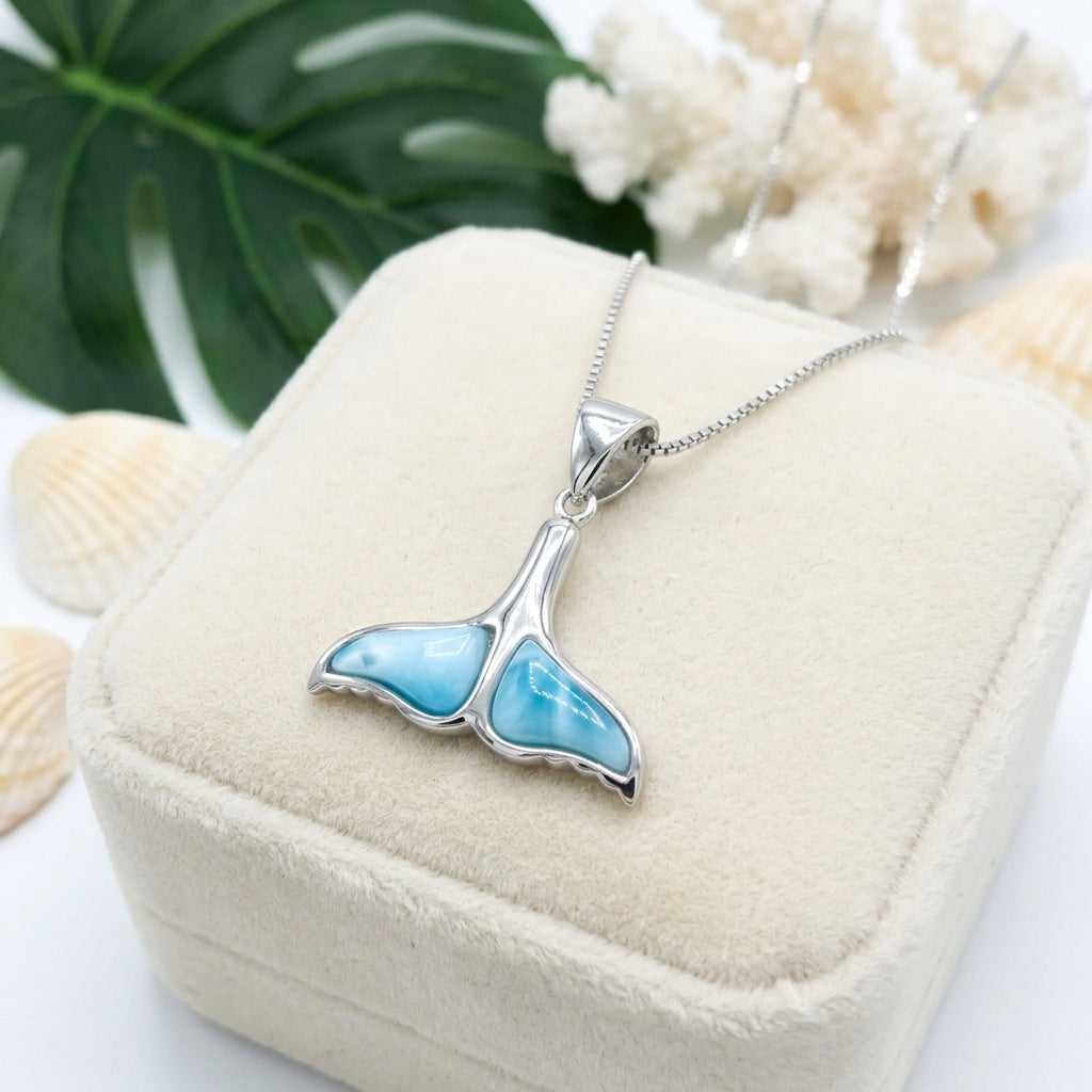 Hawaiian Whale Tail Larimar Stone Pendant Necklace - 925 Sterling Silver