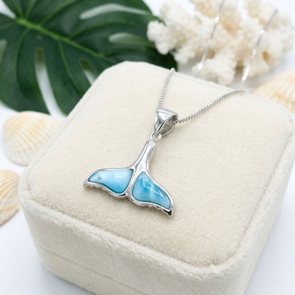 Hawaiian Whale Tail Larimar Stone Pendant Necklace - 925 Sterling Silver