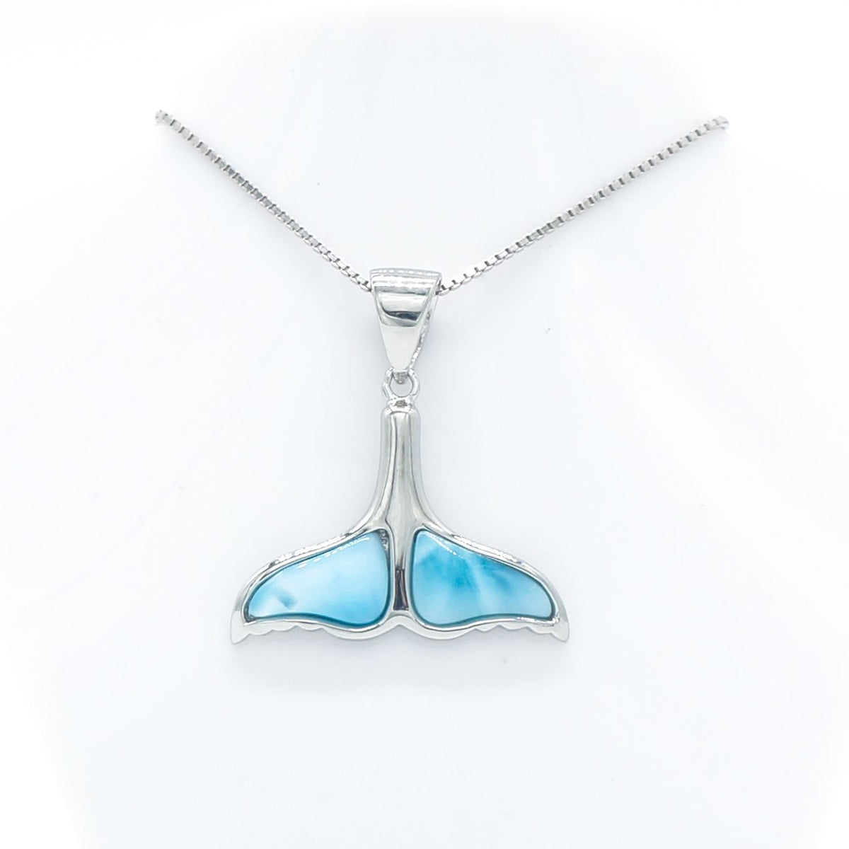 Hawaiian Whale Tail Larimar Stone Pendant Necklace - 925 Sterling Silver