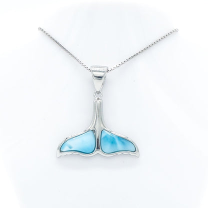 Hawaiian Whale Tail Larimar Stone Pendant Necklace - 925 Sterling Silver