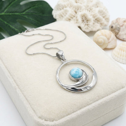 Hawaiian Ocean Wave Spiral Larimar Stone Pendant Necklace - 925 Sterling Silver