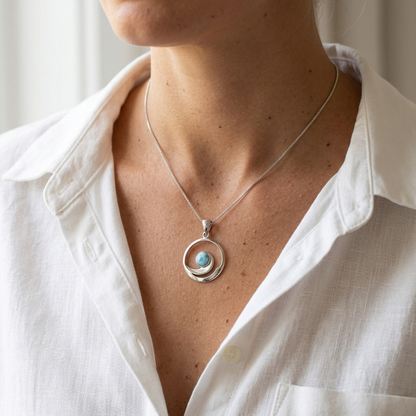 Hawaiian Ocean Wave Spiral Larimar Stone Pendant Necklace - 925 Sterling Silver