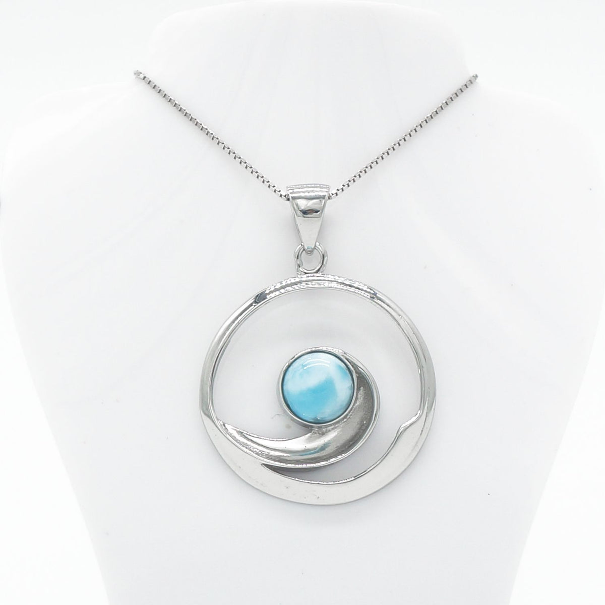 Hawaiian Ocean Wave Spiral Larimar Stone Pendant Necklace - 925 Sterling Silver
