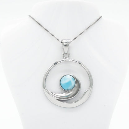 Hawaiian Ocean Wave Spiral Larimar Stone Pendant Necklace - 925 Sterling Silver