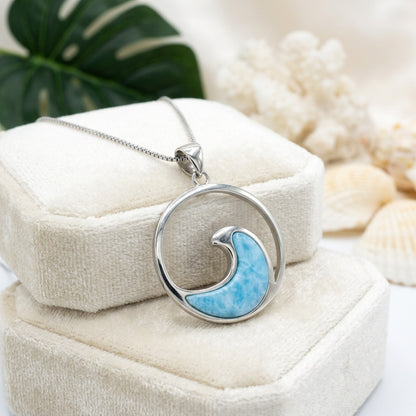 Hawaiian Ocean Wave Circle Larimar Stone Pendant Necklace - 925 Sterling Silver