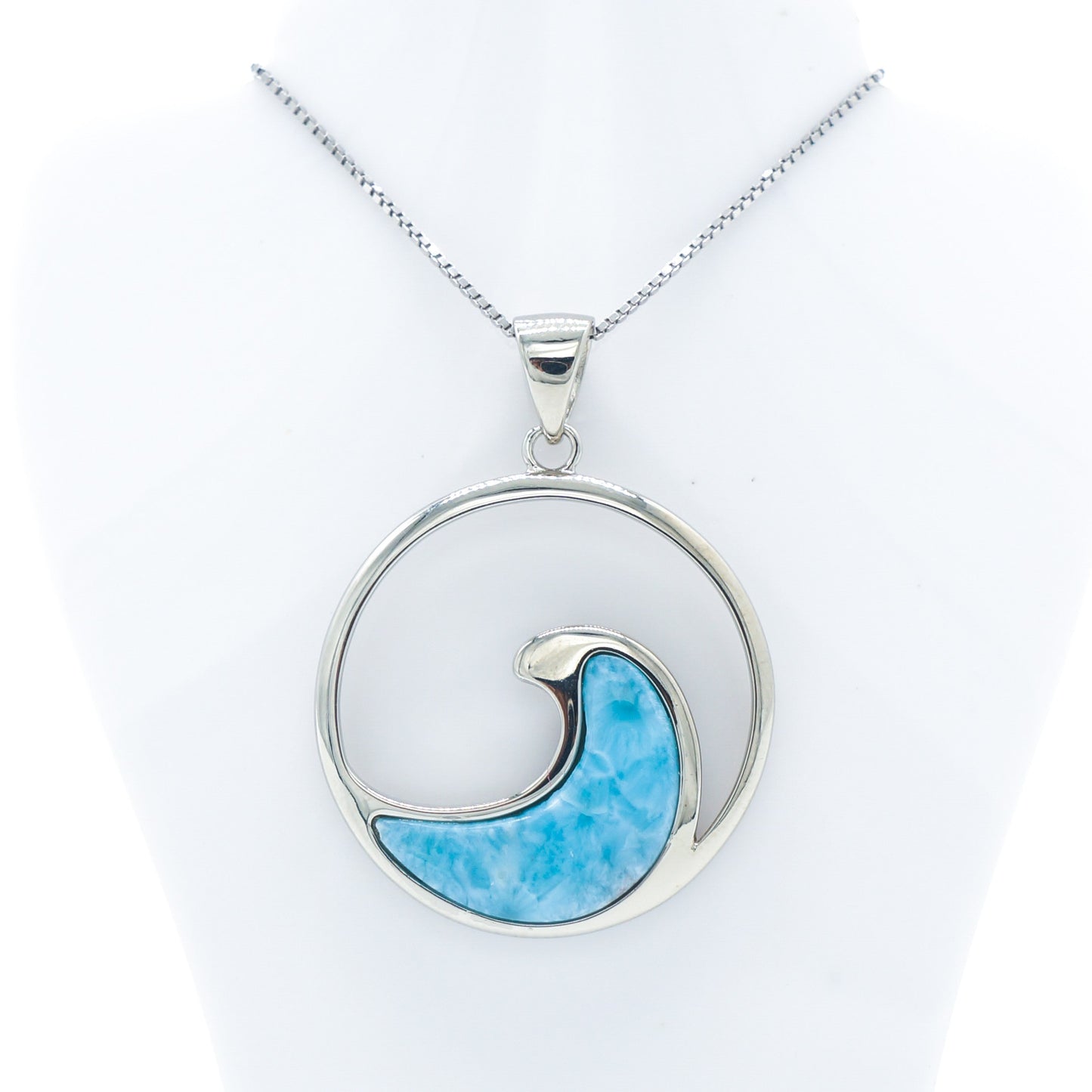 925 Silver Larimar Round Wave Necklace, Larimar Necklace, 925 Sterling Silver Jewelry, Round Wave Necklace