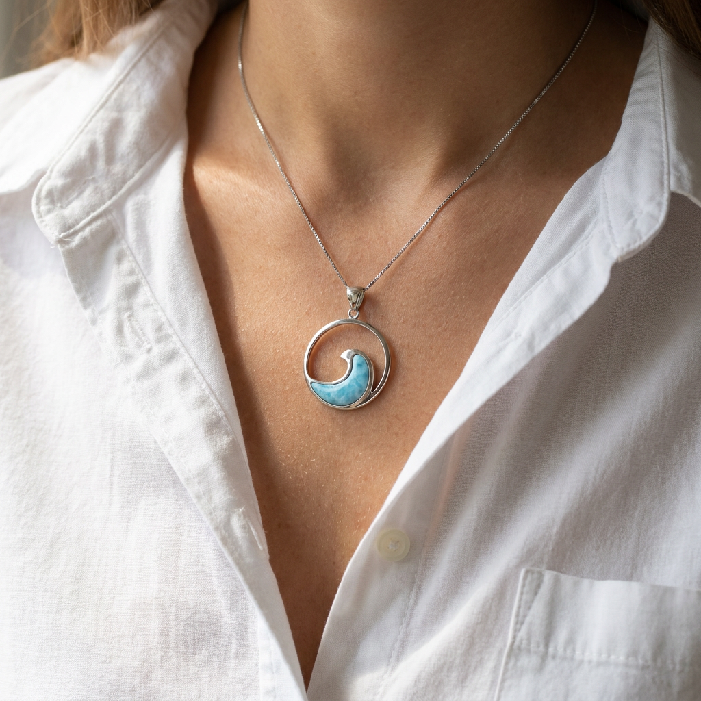 925 Sterling Silver Genuine Larimar Stone Round Wave Pendant Necklace