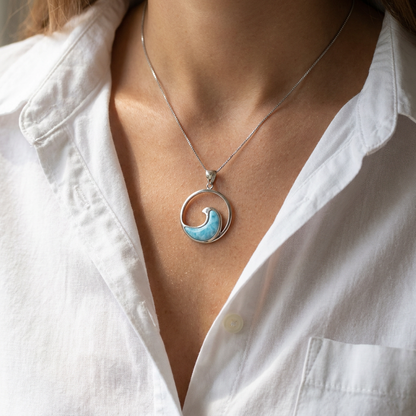 925 Sterling Silver Genuine Larimar Stone Round Wave Pendant Necklace